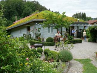 A brightly blossoming "Sedum Carpet" decorates the roof of this home in Sipplingen, Germany. Green roofs are easily realizable on pitched roofs with slopes up to approx. 30°. Pitched green roof